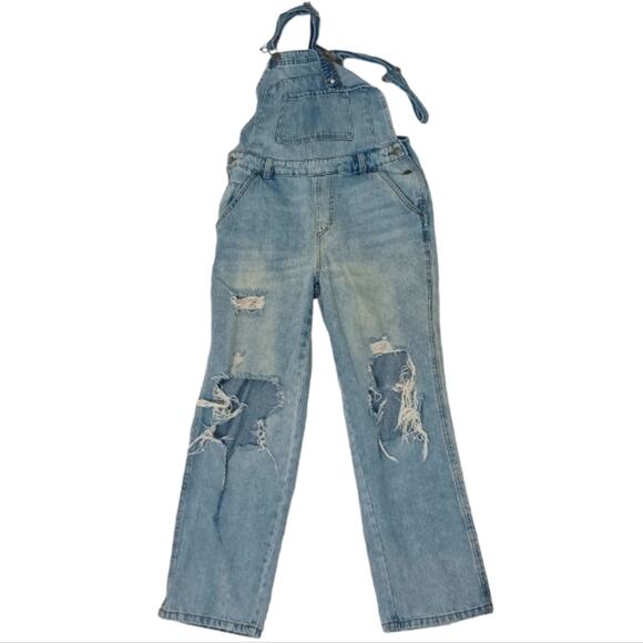 90s Grunge Overalls One Shoulder Women Sz S Lt Blue Distress Holes Shred Fray - Picture 6 of 15